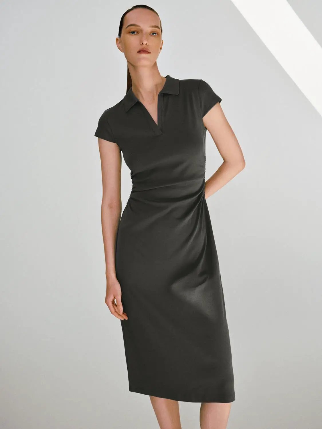Polyester Blend Ruched A-Line Cotton Maxi Dress