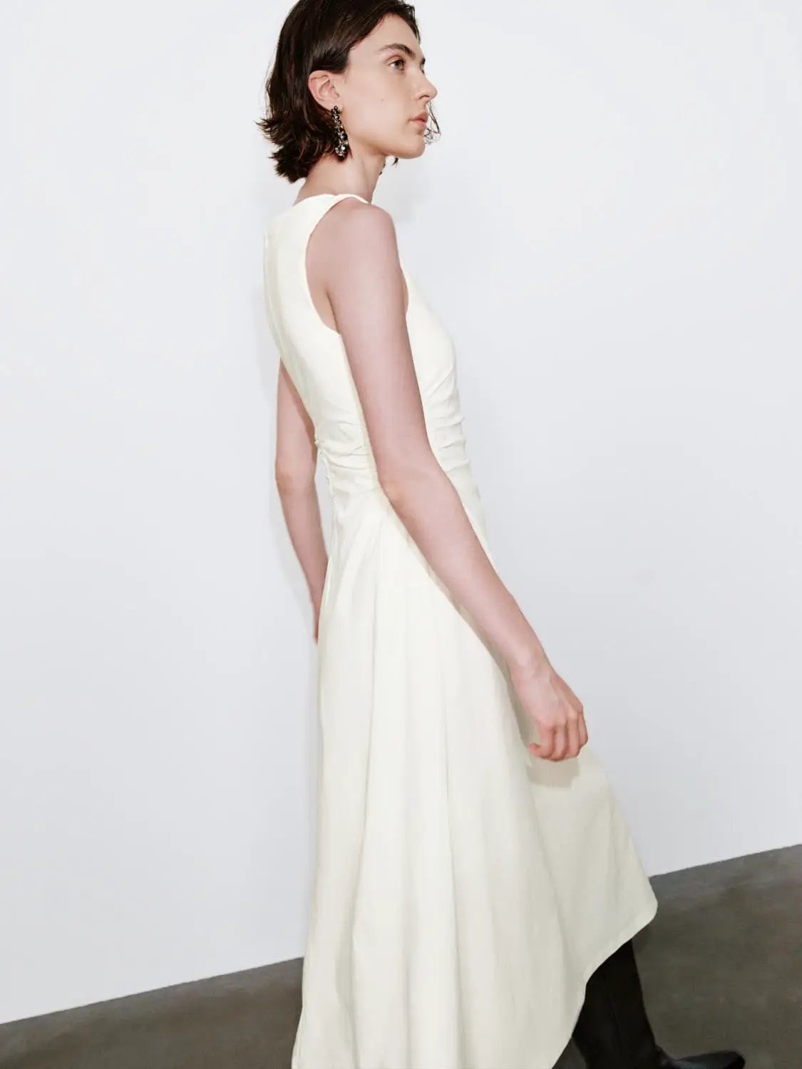 U-Neck Ruched Waist Sleeveless A-Line Midi Dress
