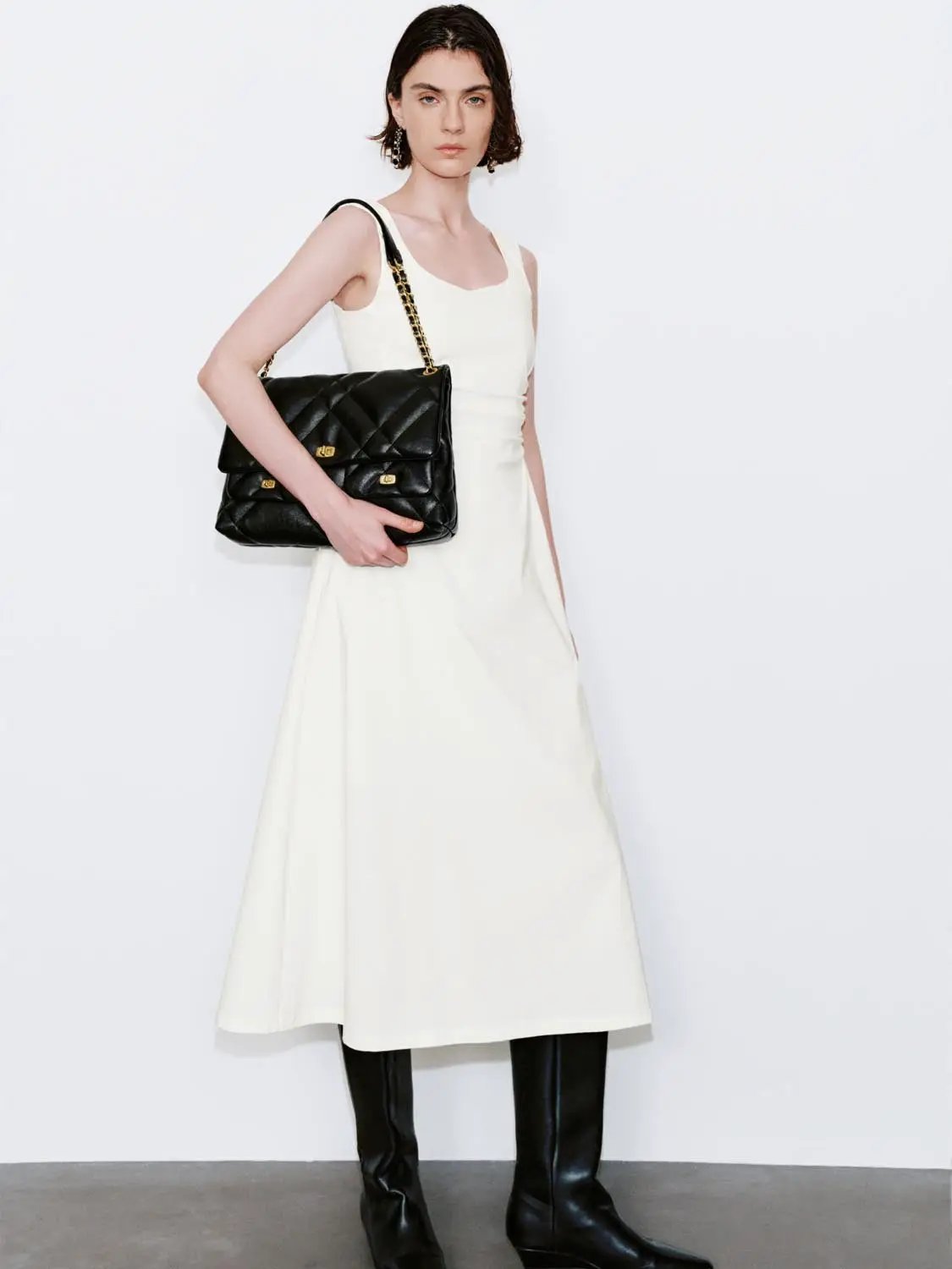 U-Neck Ruched Waist Sleeveless A-Line Midi Dress