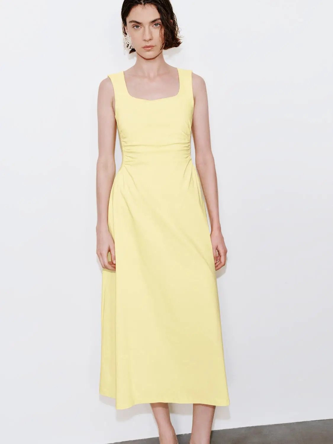 U-Neck Ruched Waist Sleeveless A-Line Midi Dress