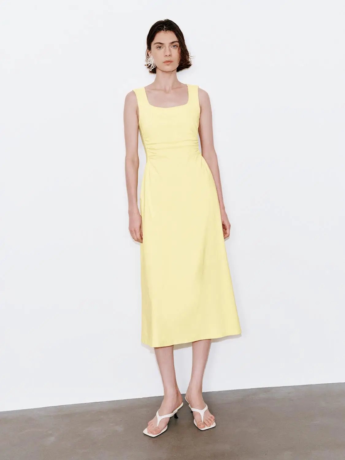 U-Neck Ruched Waist Sleeveless A-Line Midi Dress