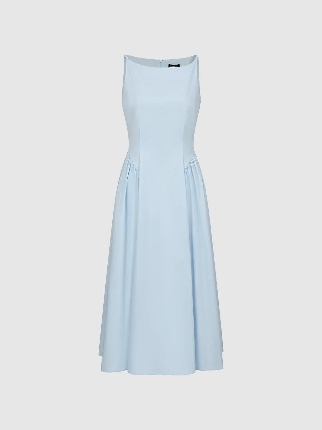 Square Neck Pleated Swing Cotton A-Line Midi Dress