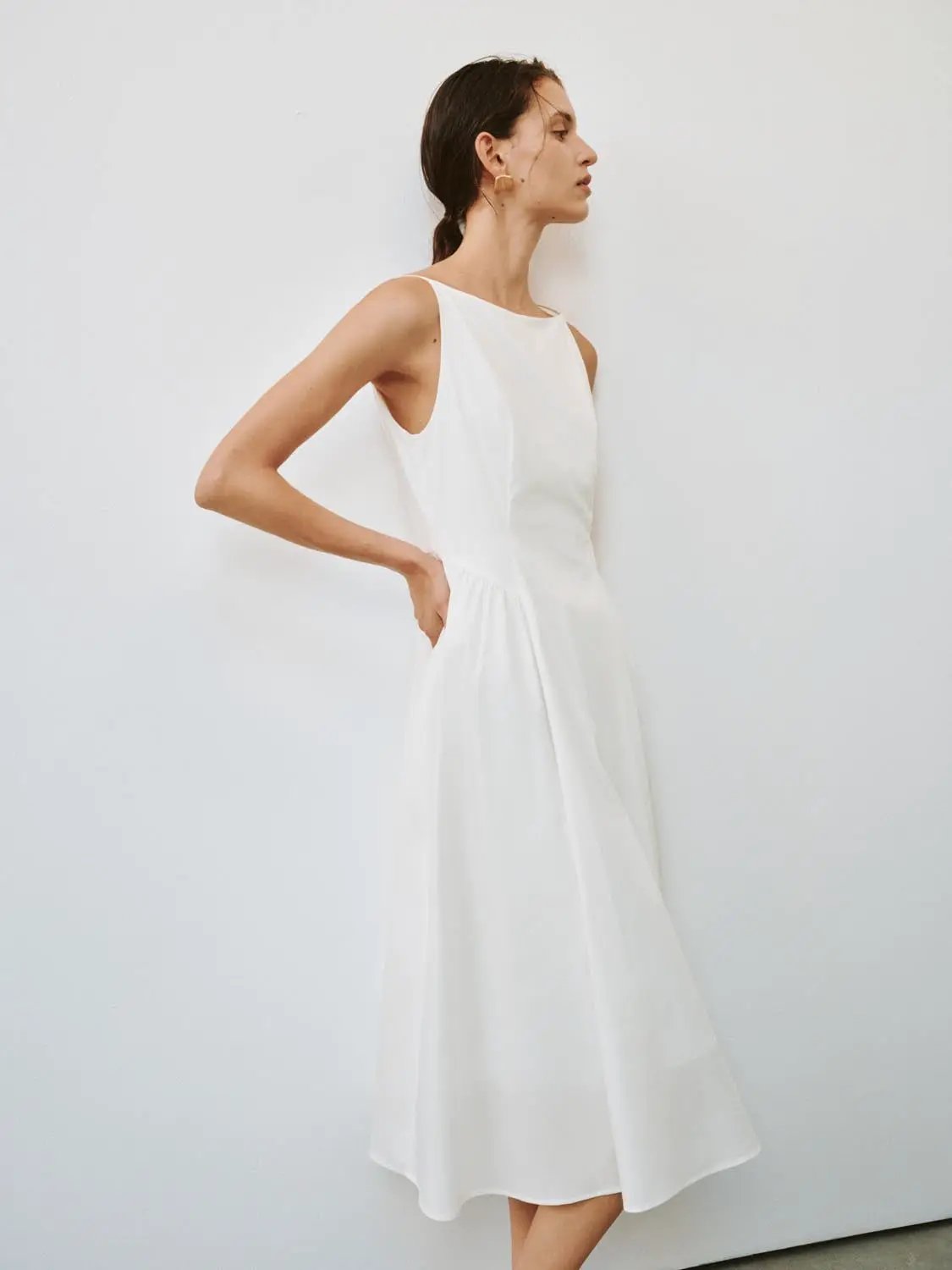 Square Neck Pleated Swing Cotton A-Line Midi Dress