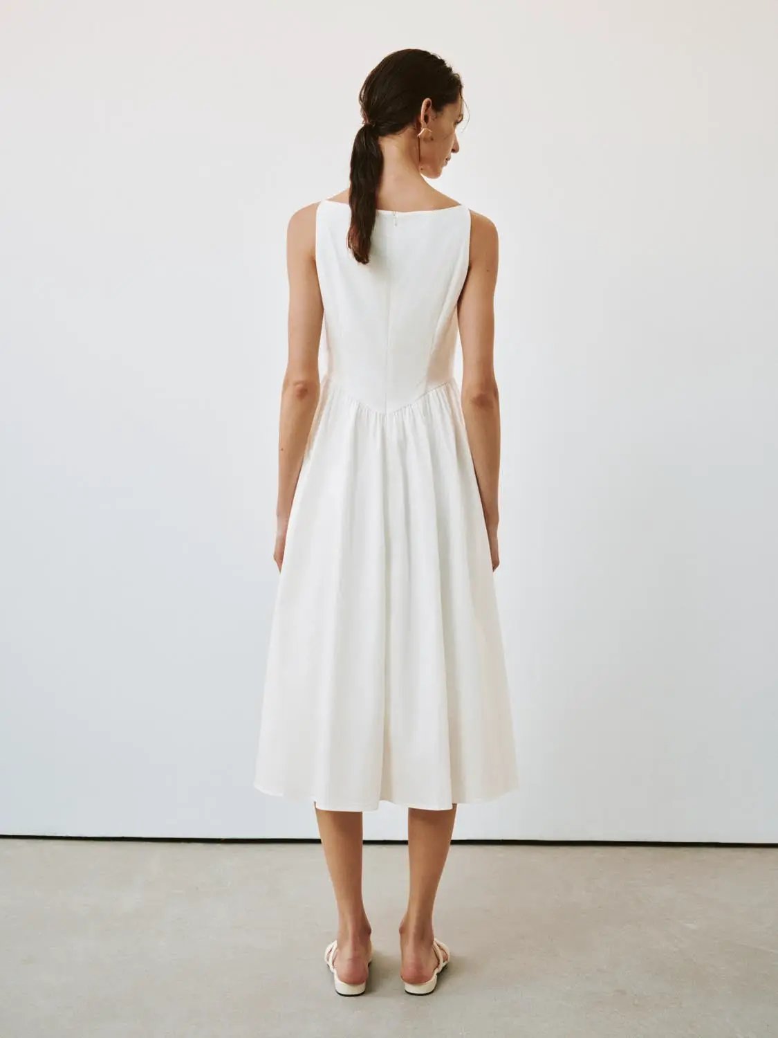 Square Neck Pleated Swing Cotton A-Line Midi Dress