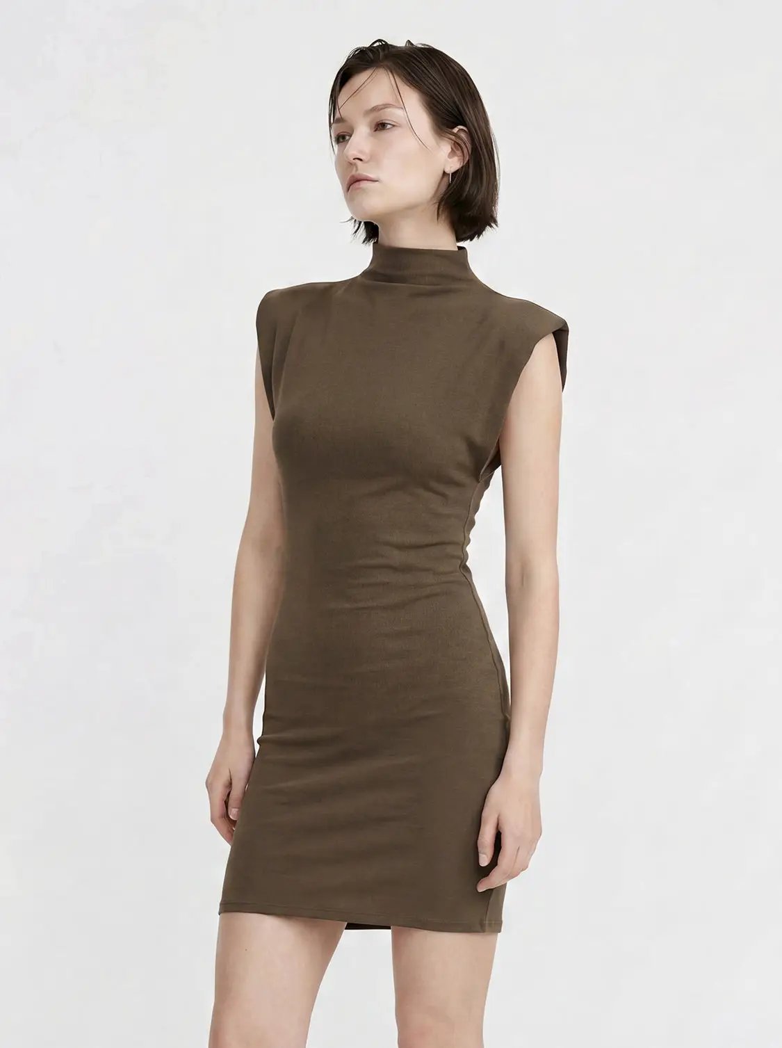 Structured Shoulders High-Neck Sleeveless Bodycon Mini Dress