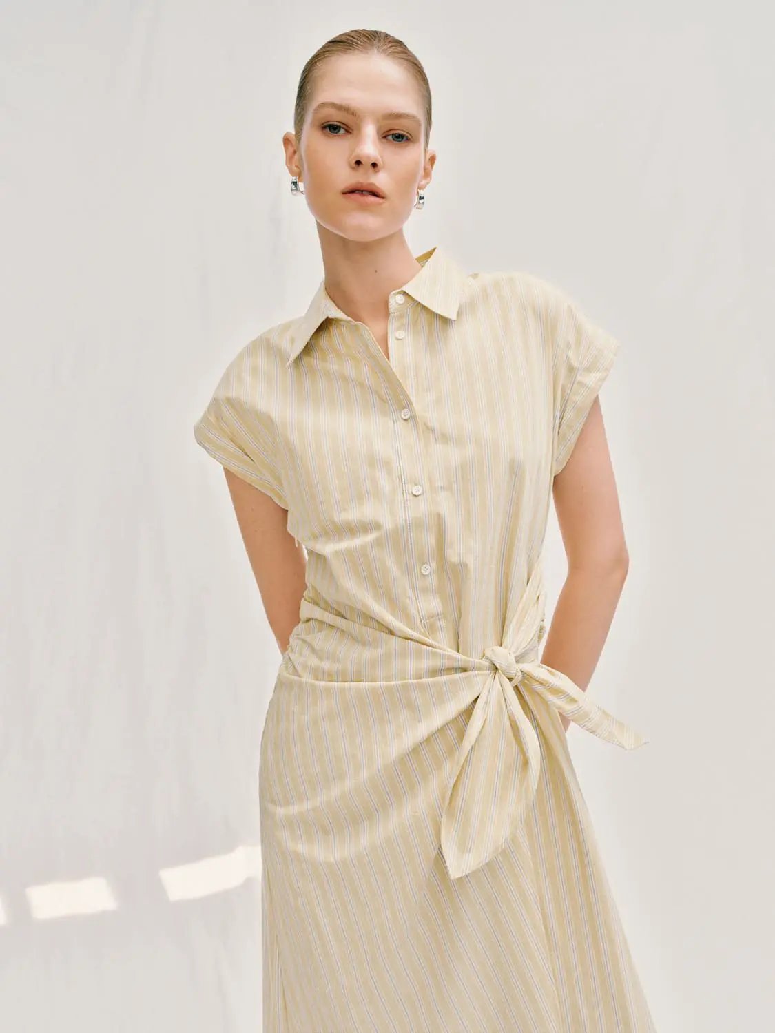 A-line Striped Tie Waist Midi Cotton Dress