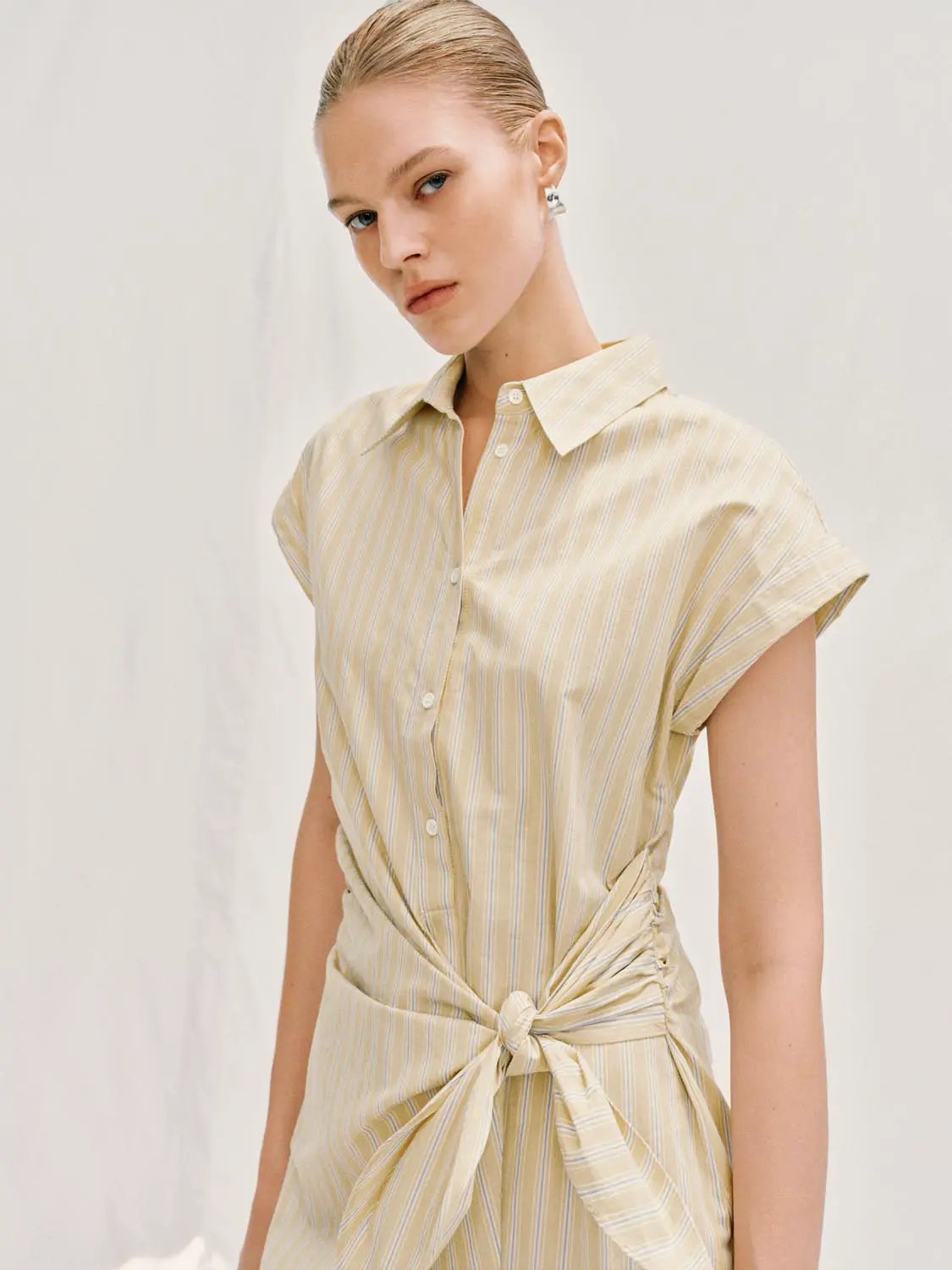 A-line Striped Tie Waist Midi Cotton Dress