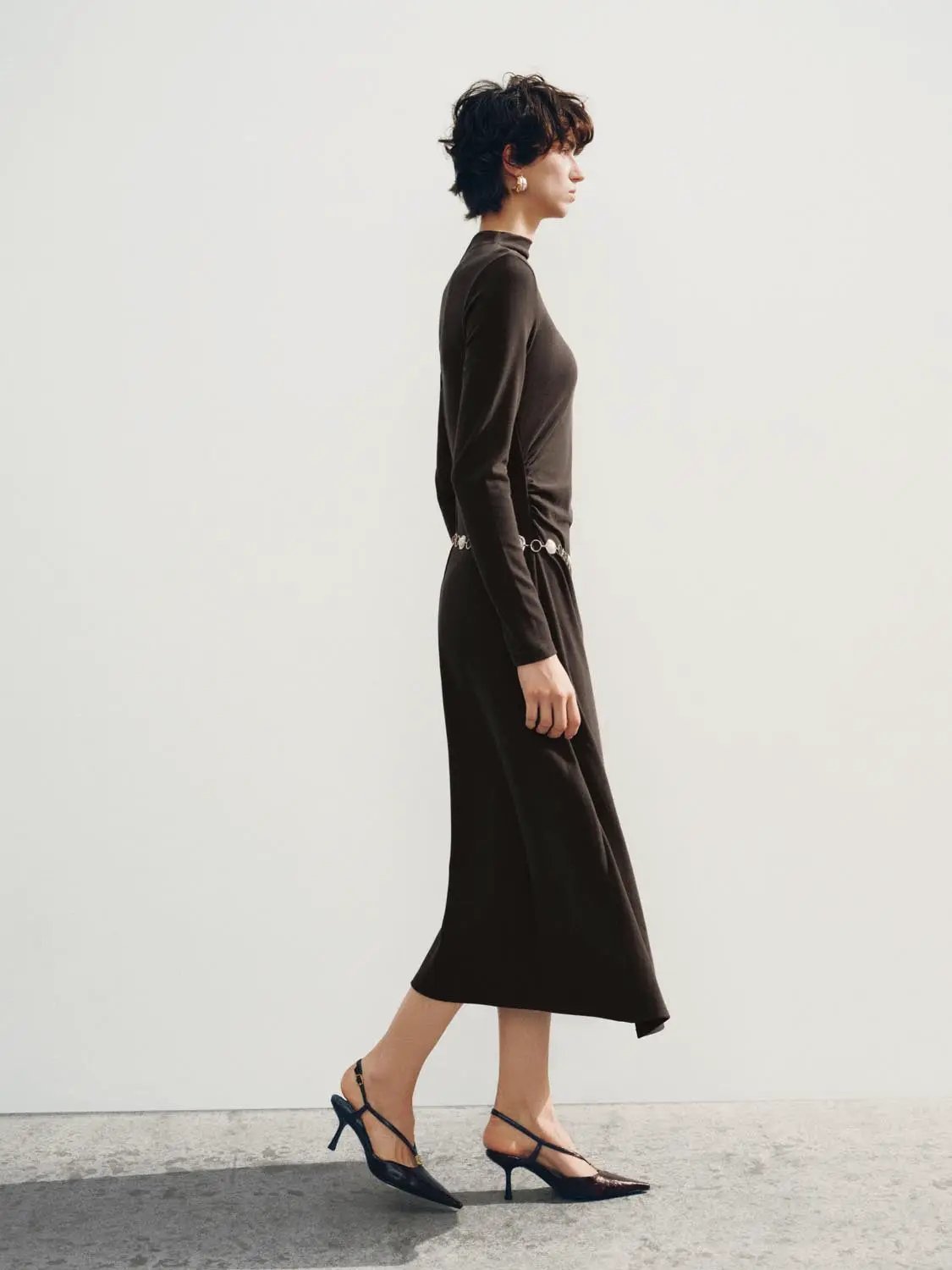 Asymmetric Draped Mock Neck Long Sleeve Midi Dress