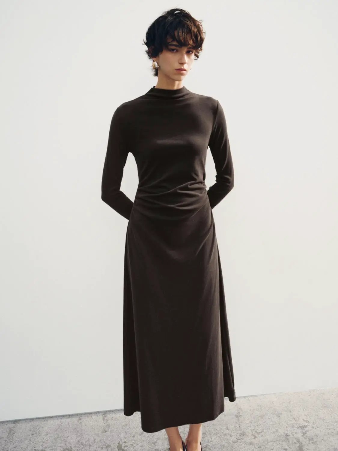 Asymmetric Draped Mock Neck Long Sleeve Midi Dress