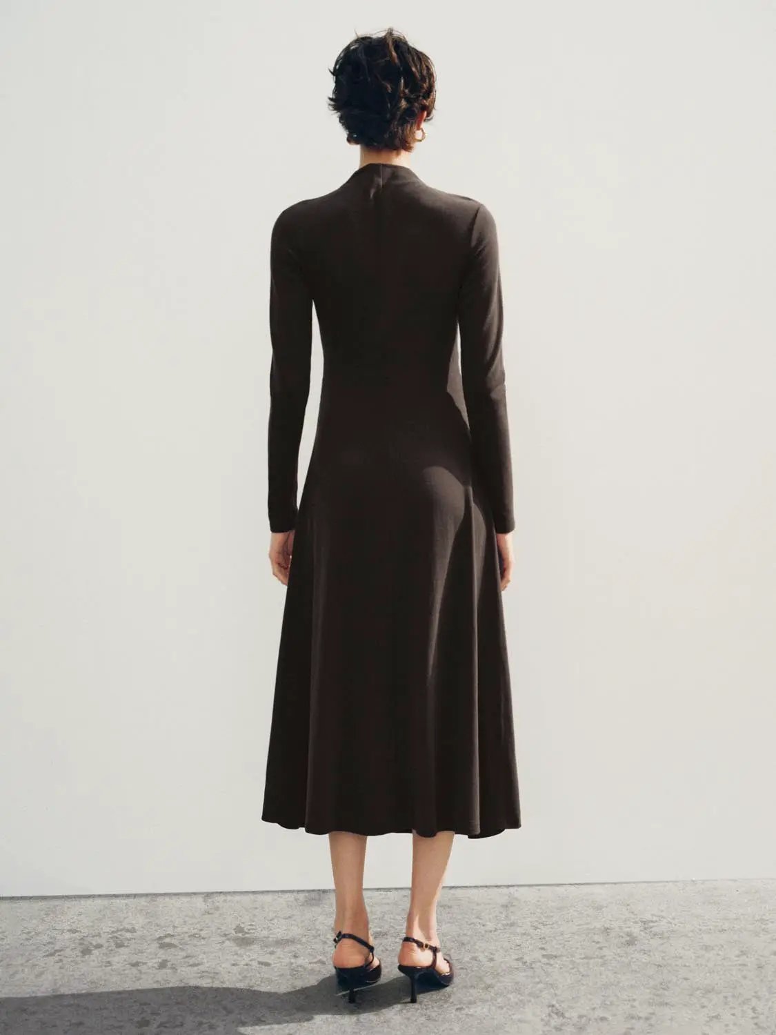 Asymmetric Draped Mock Neck Long Sleeve Midi Dress