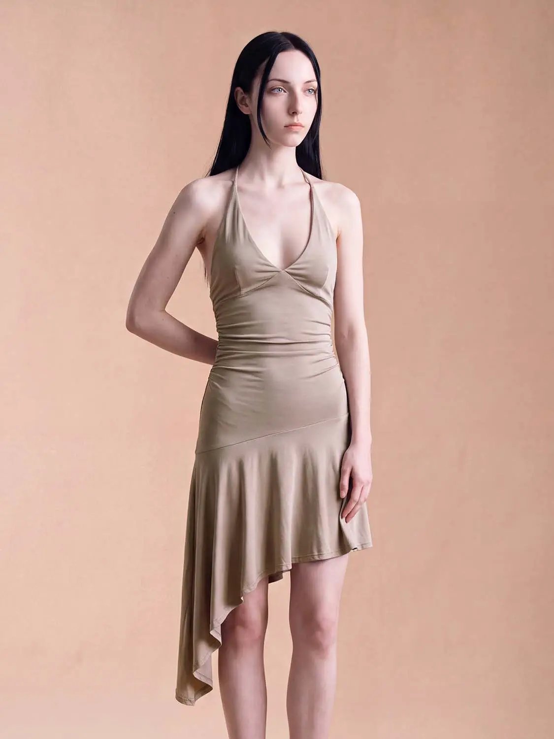 Ruched Sleeveless V-Neck Asymmetric Hem Mini Dress