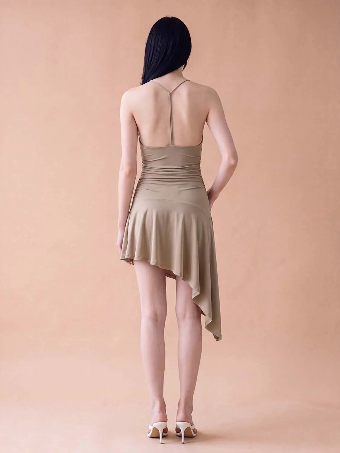 Ruched Sleeveless V-Neck Asymmetric Hem Mini Dress
