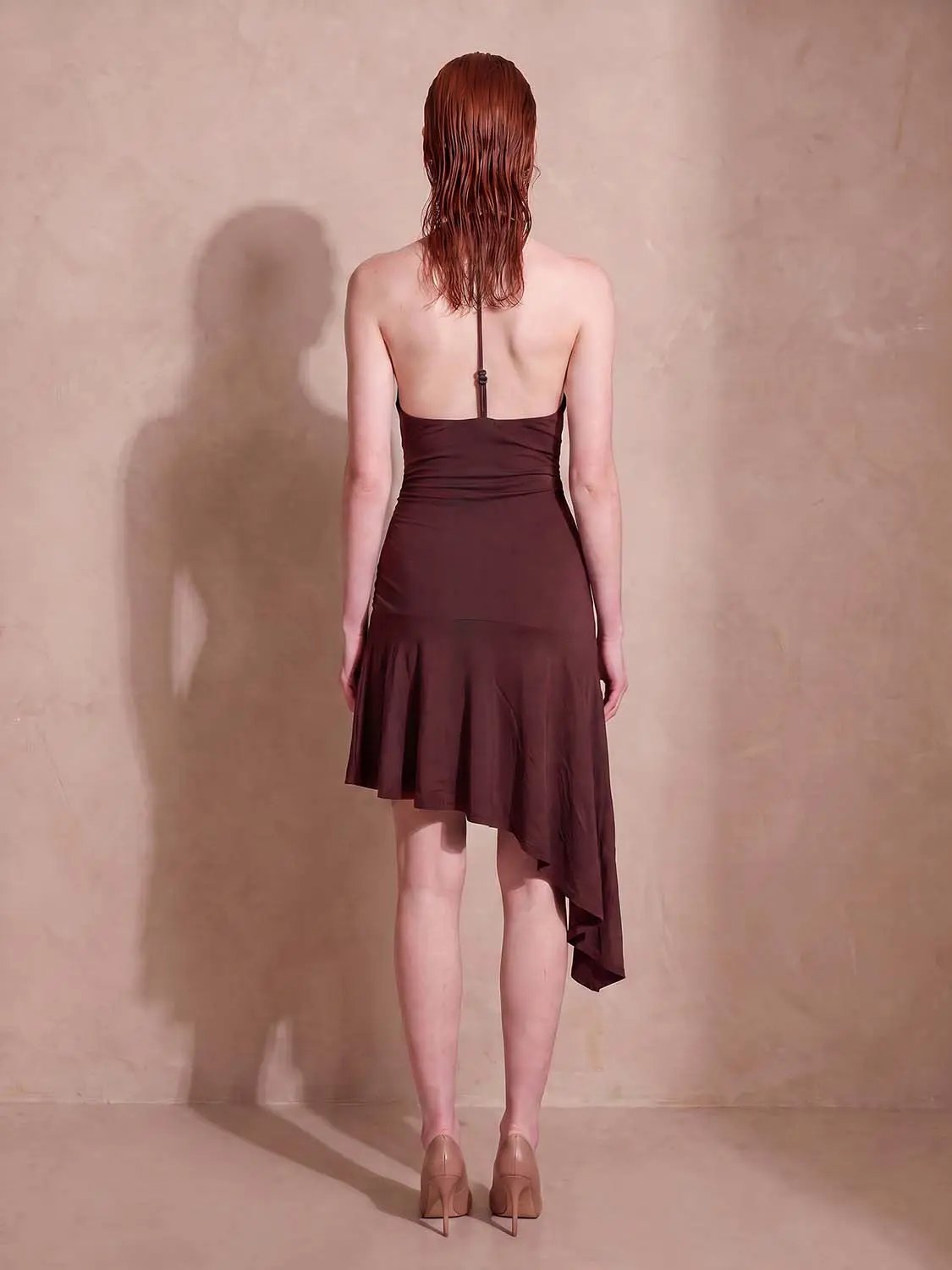 Ruched Sleeveless V-Neck Asymmetric Hem Mini Dress