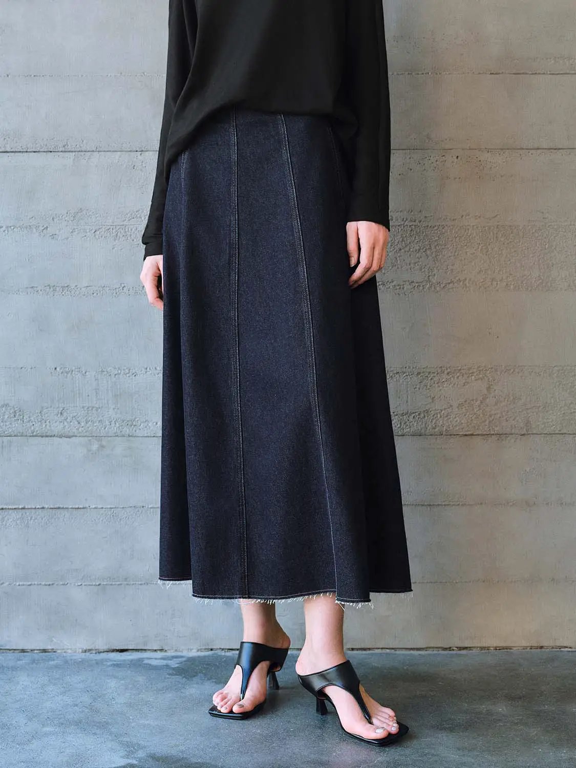 Vertical Panel Seam Raw Edge Washed Denim Midi Skirt