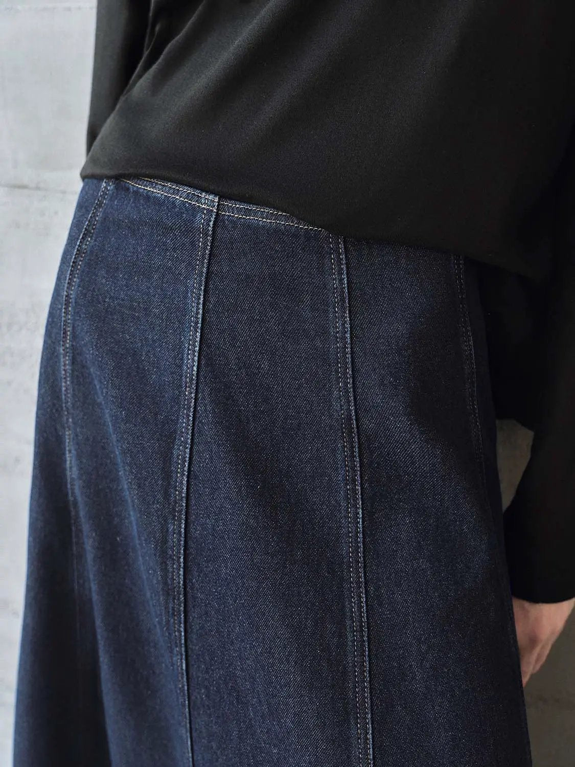Vertical Panel Seam Raw Edge Washed Denim Midi Skirt