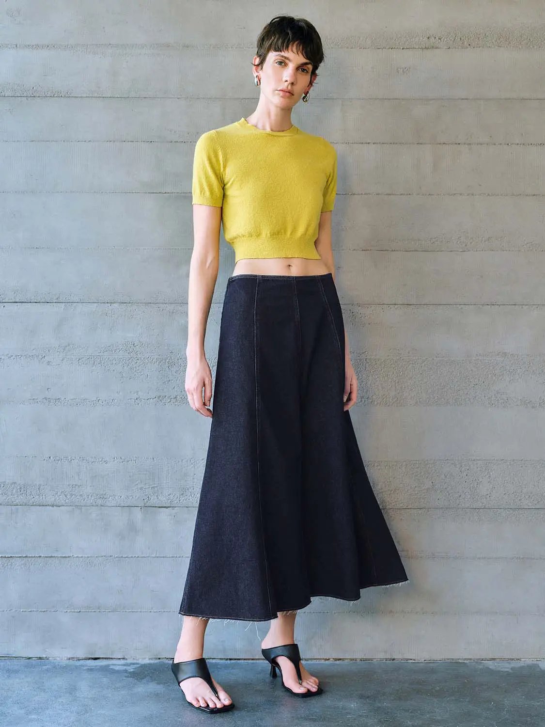 Vertical Panel Seam Raw Edge Washed Denim Midi Skirt