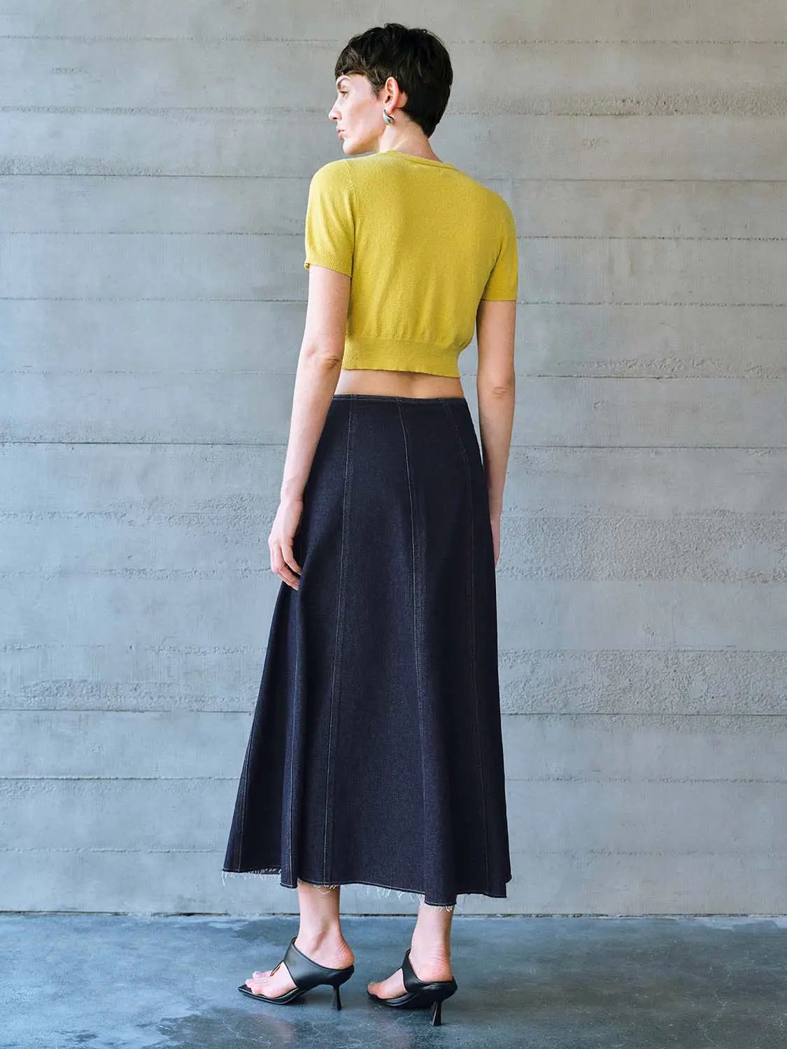Vertical Panel Seam Raw Edge Washed Denim Midi Skirt