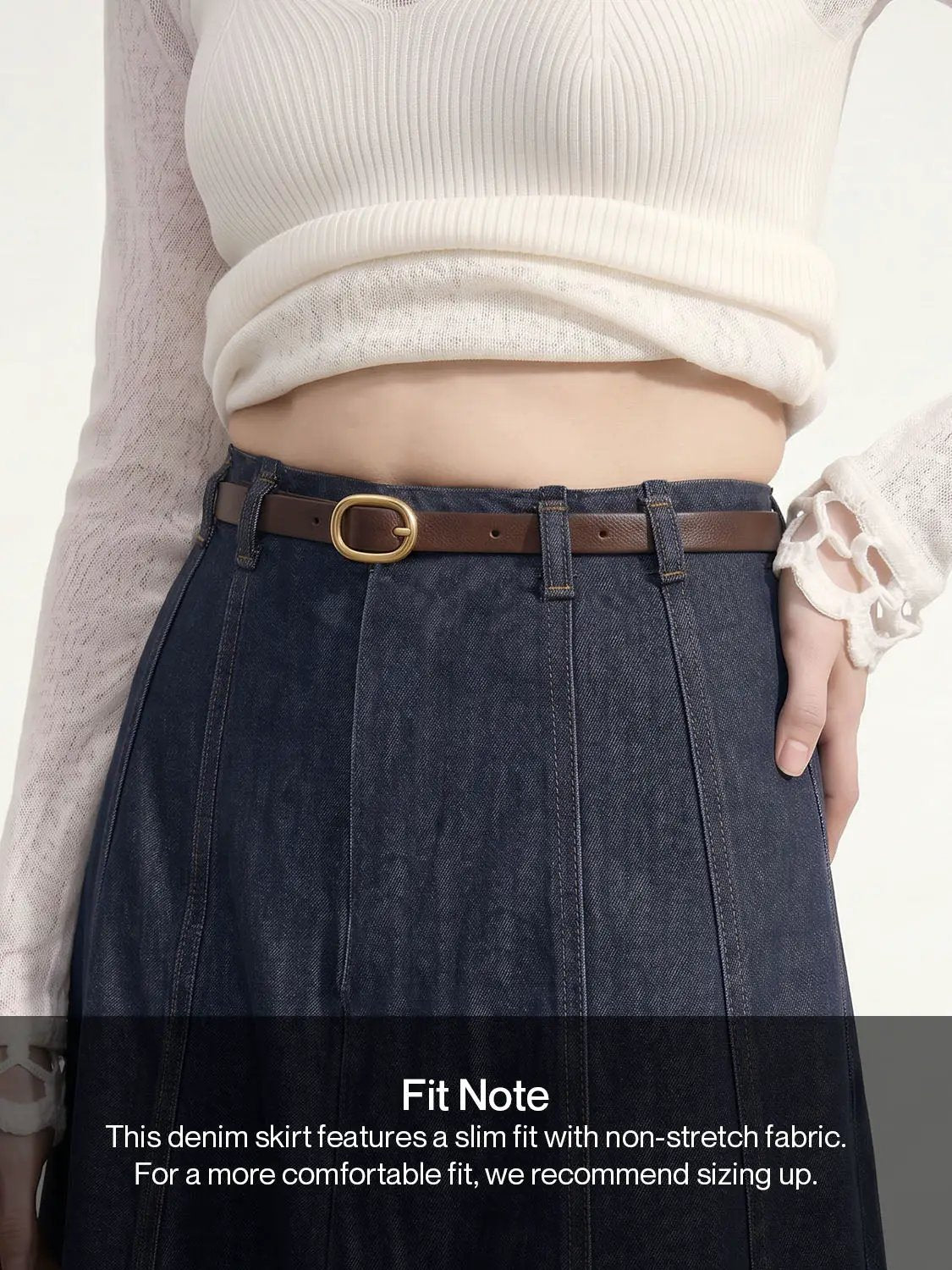 Stitched Panel Belted Vintage Washed Denim Maxi Skirt