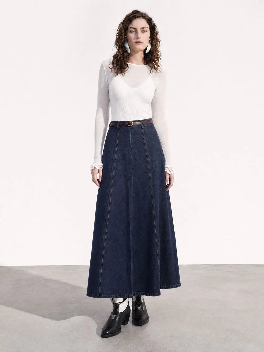 Stitched Panel Belted Vintage Washed Denim Maxi Skirt