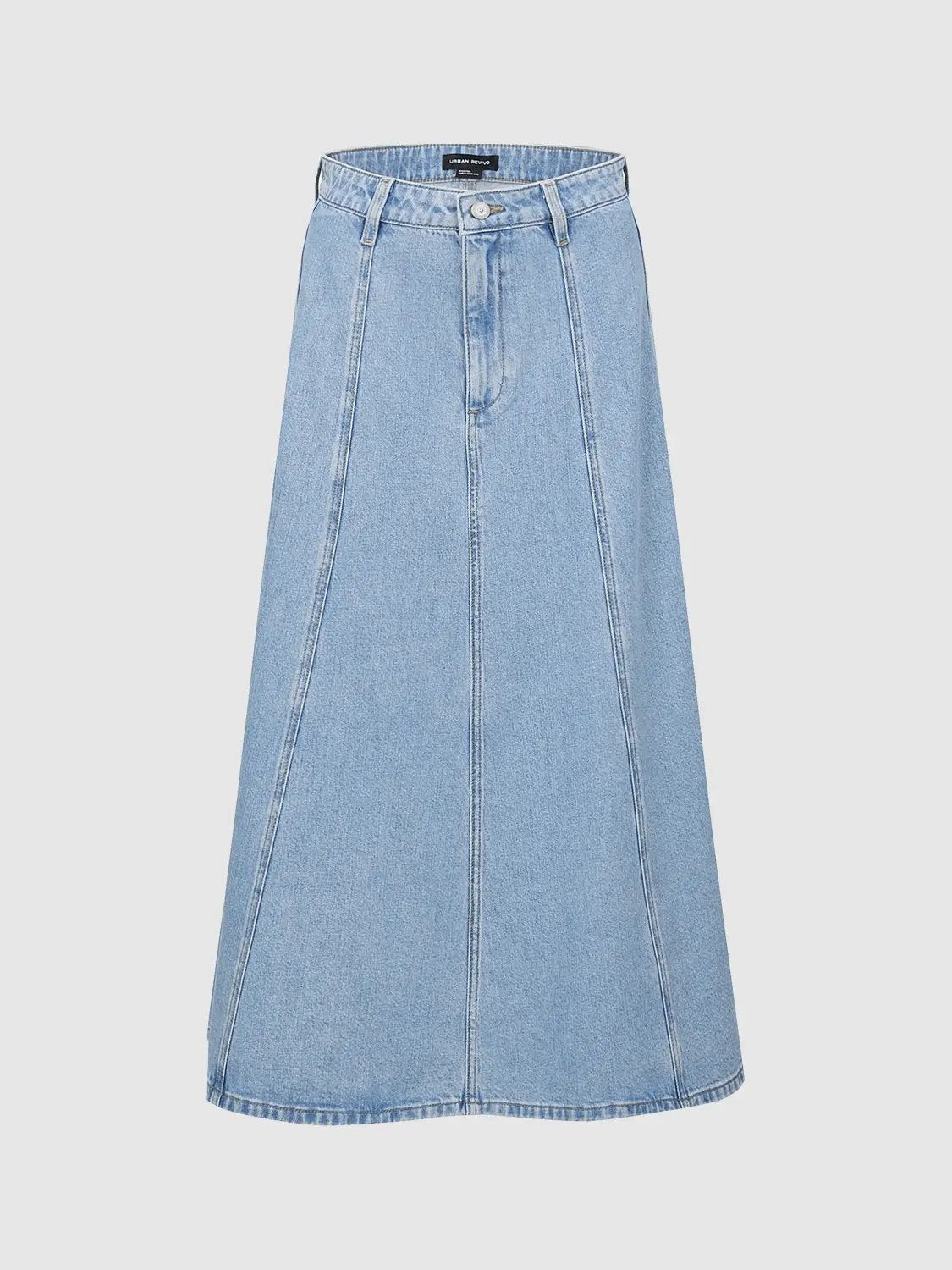 High Waist Panel Seam Flared Midi Denim Skirt