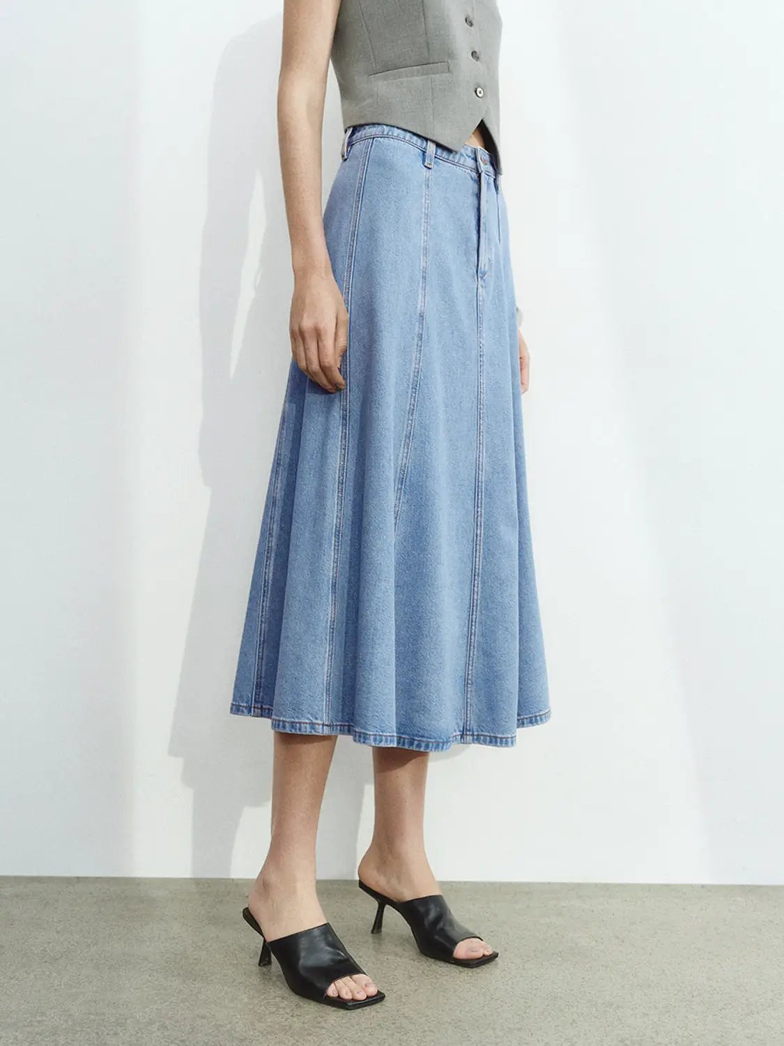 High Waist Panel Seam Flared Midi Denim Skirt