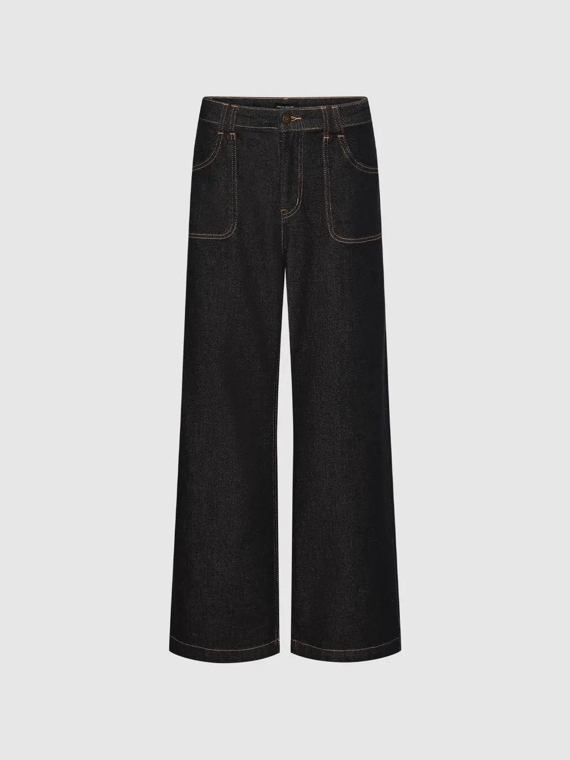 High Waist Contrast Stitch Cotton Wide Leg Jeans