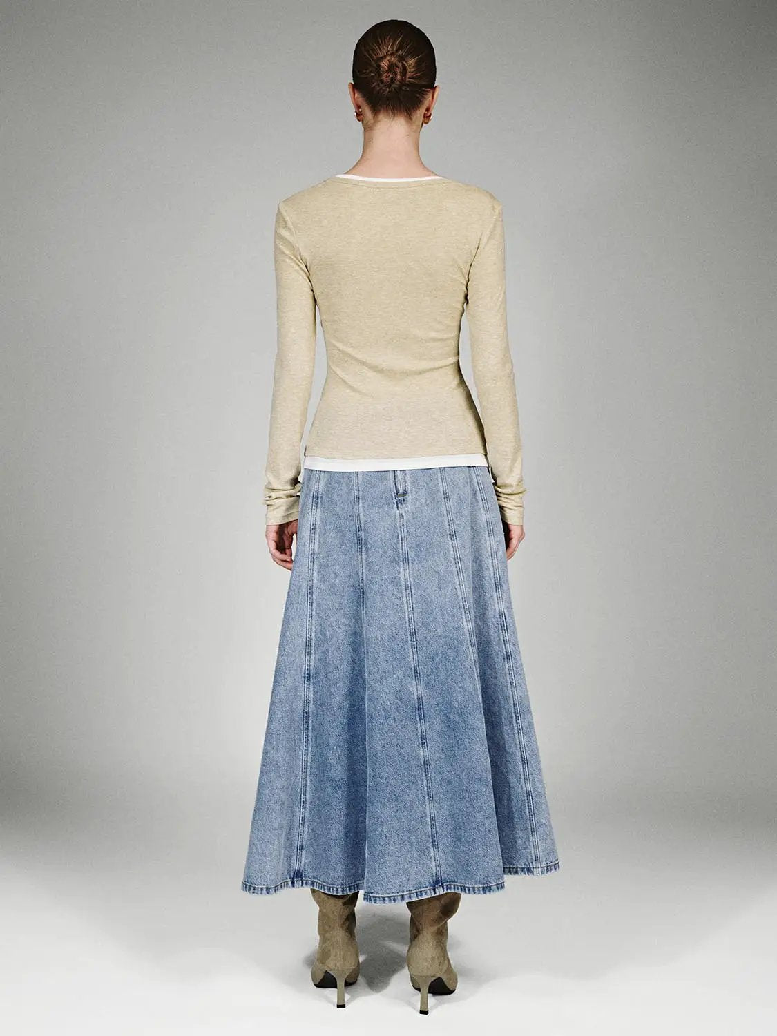 Belted Seamed Flared Washed Denim Midi Skirt