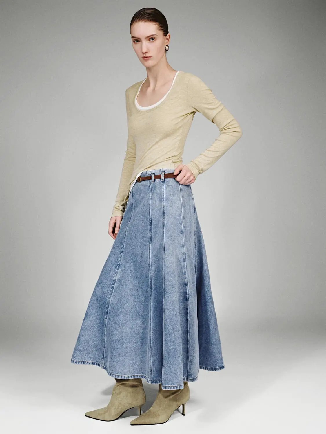 Belted Seamed Flared Washed Denim Midi Skirt