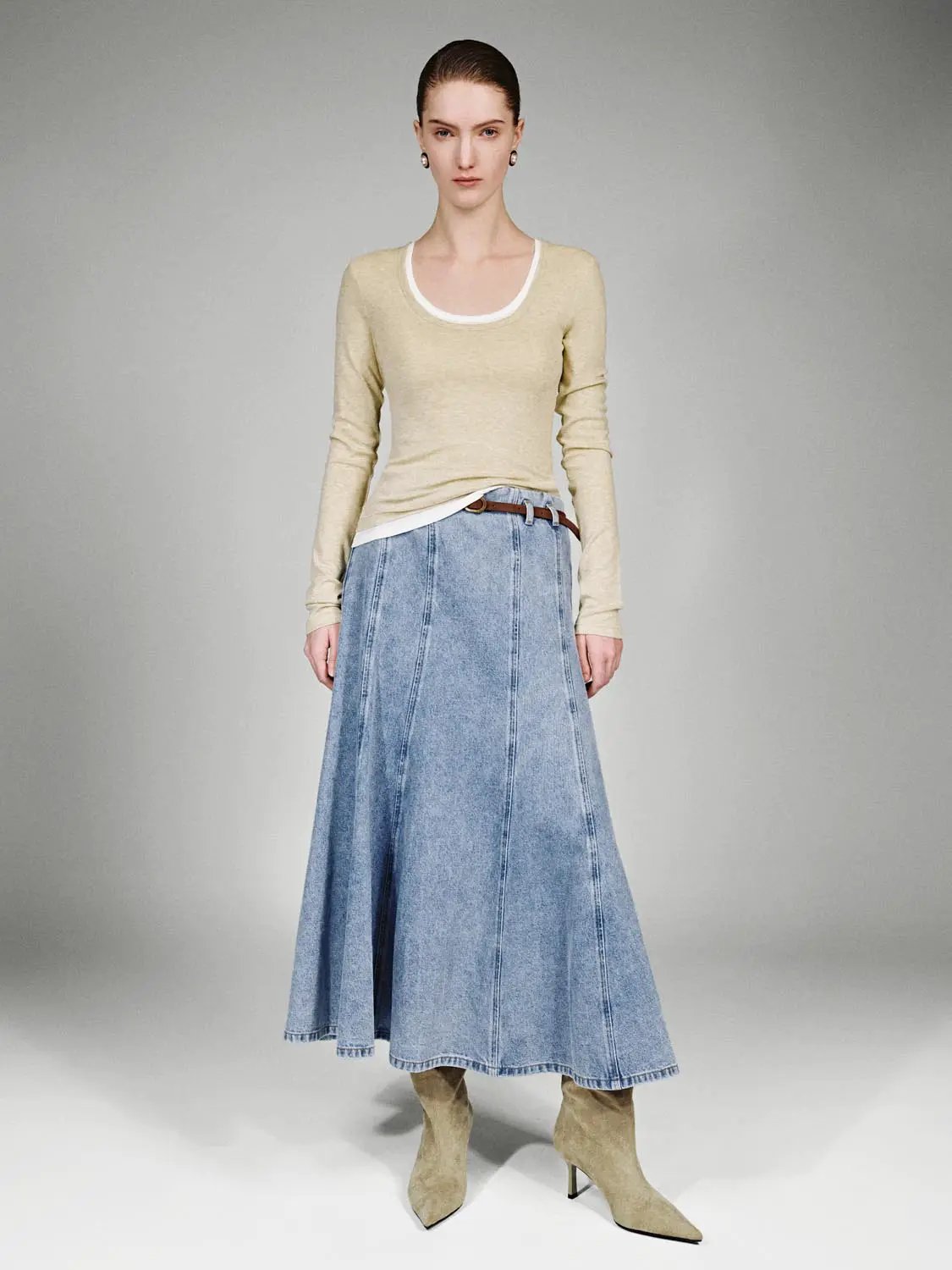Belted Seamed Flared Washed Denim Midi Skirt