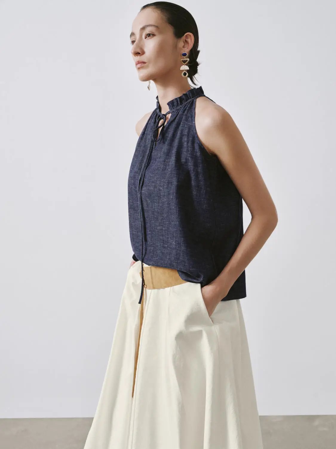 Ruffled Halter Neck Tie Front Sleeveless Denim Blouse