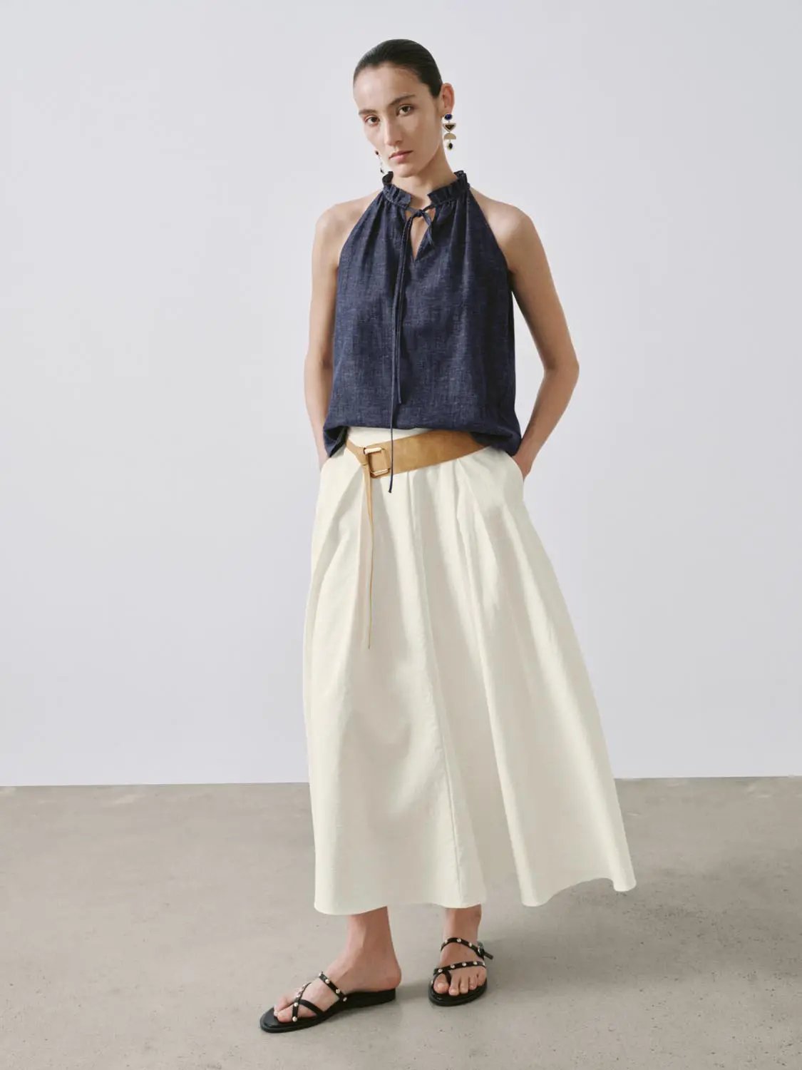 Ruffled Halter Neck Tie Front Sleeveless Denim Blouse