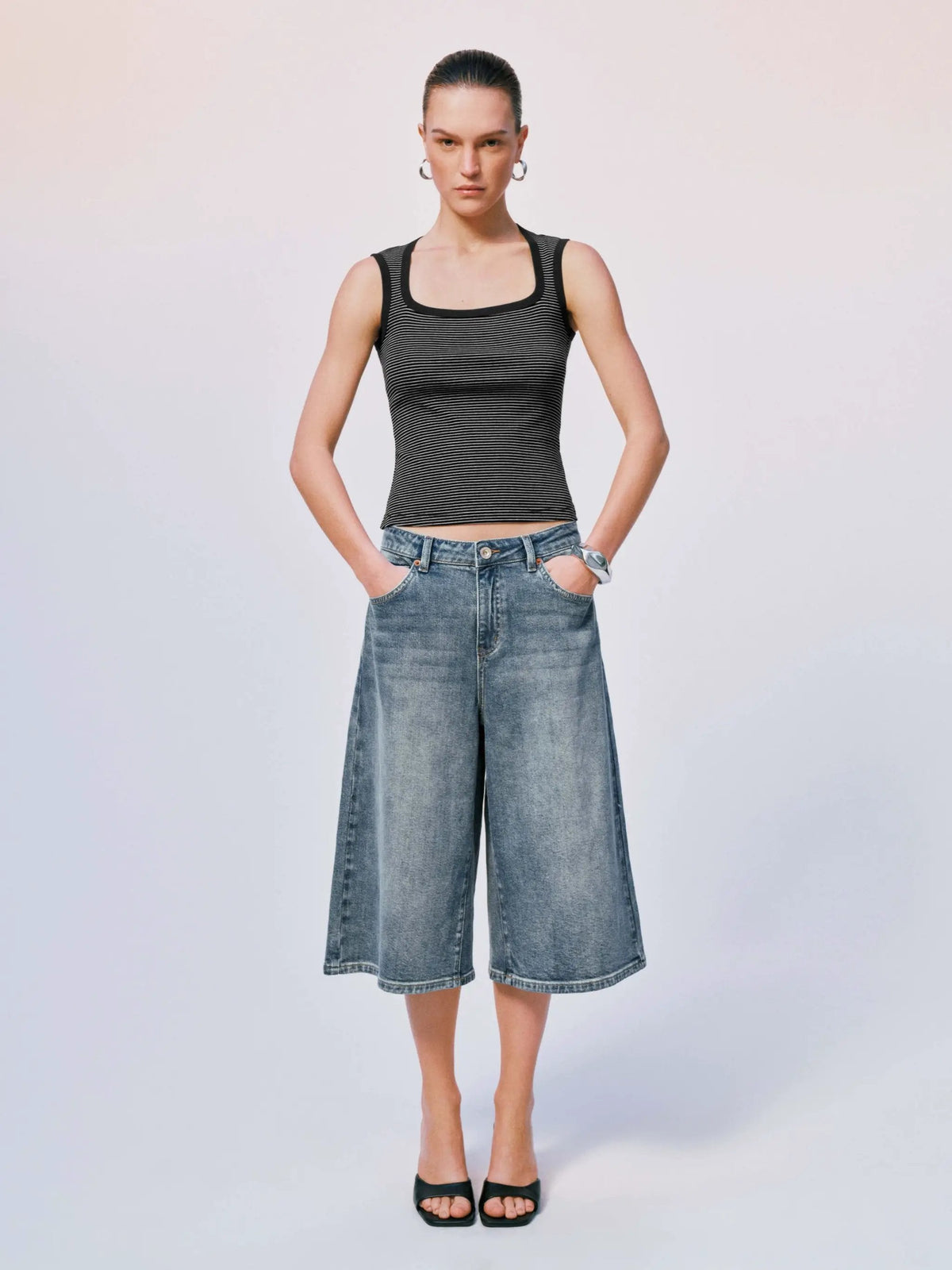 Washed Vintage Loose Fit Cotton Wide Leg Capri Denim Jeans