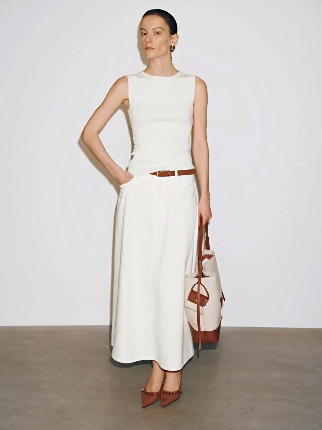 High Waist Belted Pocket A-Line Cotton Denim Midi Skirt