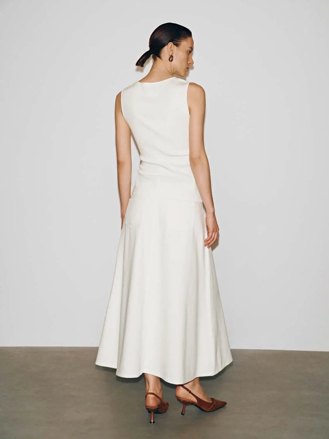 High Waist Belted Pocket A-Line Cotton Denim Midi Skirt