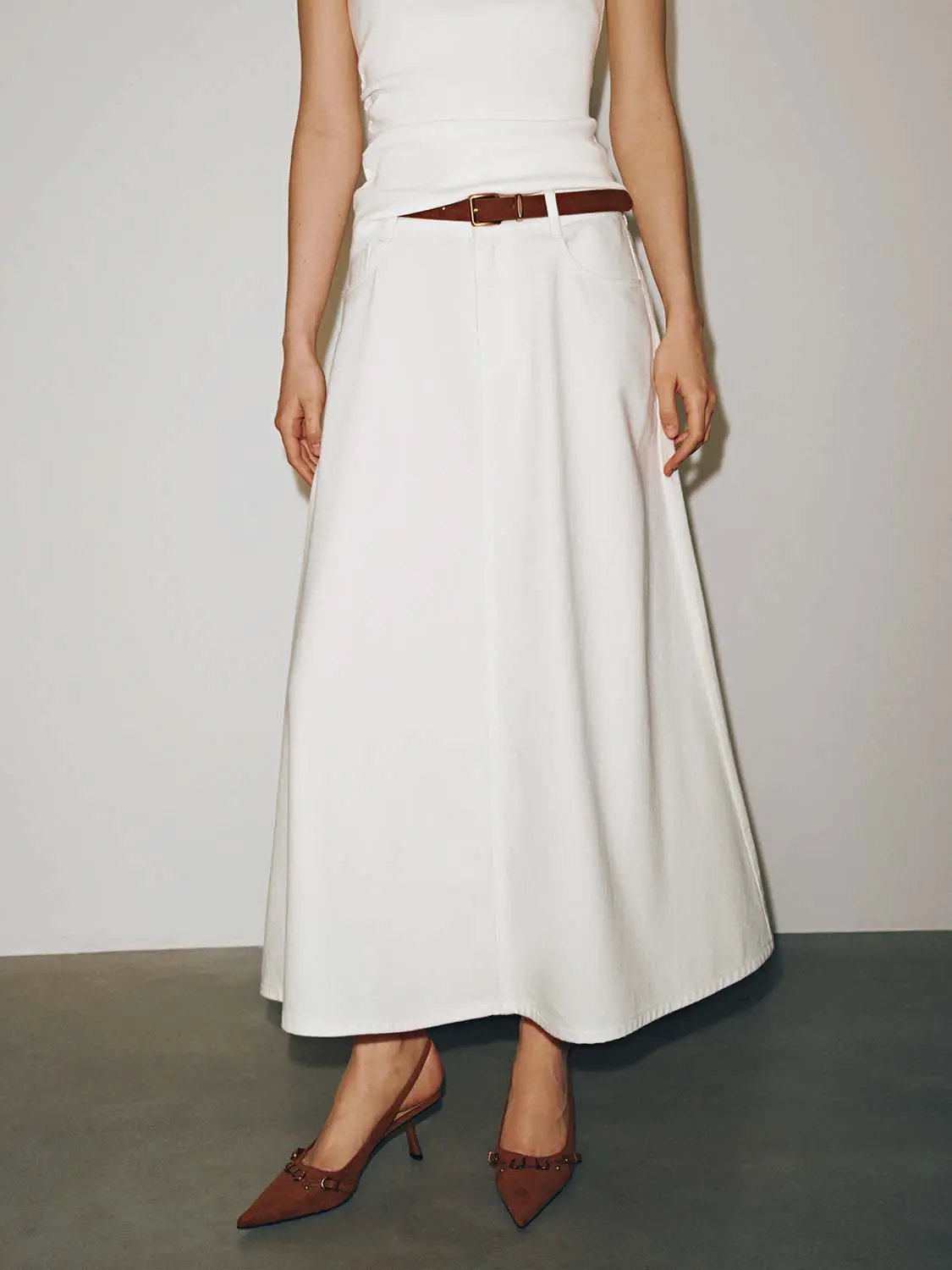 High Waist Belted Pocket A-Line Cotton Denim Midi Skirt