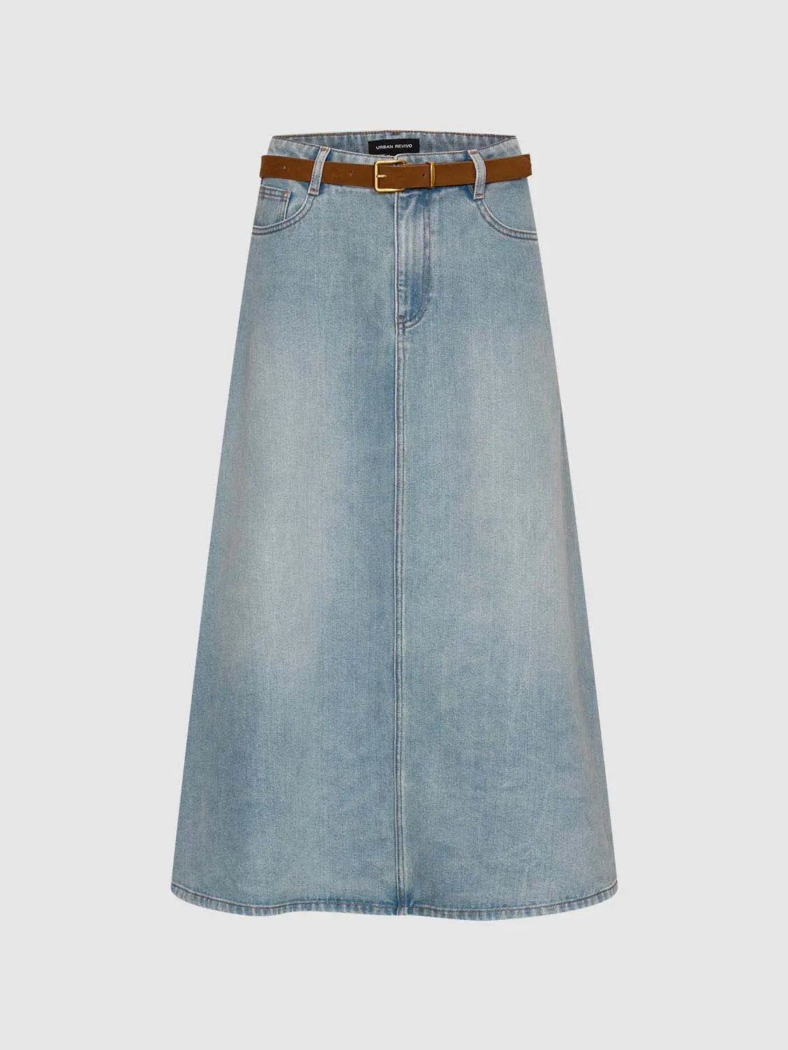 Mid Rise Side Slit Belted Light Wash Cotton Denim Midi Skirt