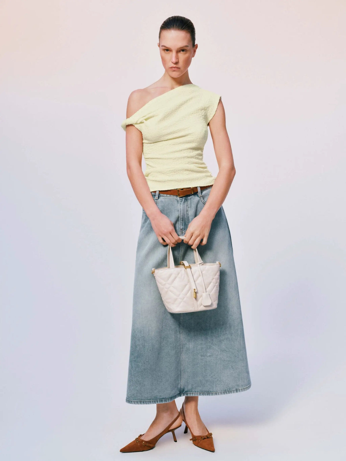 Mid Rise Side Slit Belted Light Wash Cotton Denim Midi Skirt