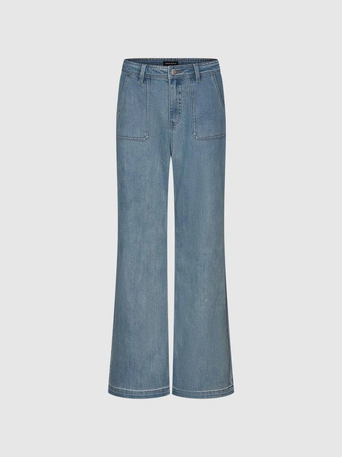 High Waist Patch Pocket Washed Denim Wide Leg Jeans
