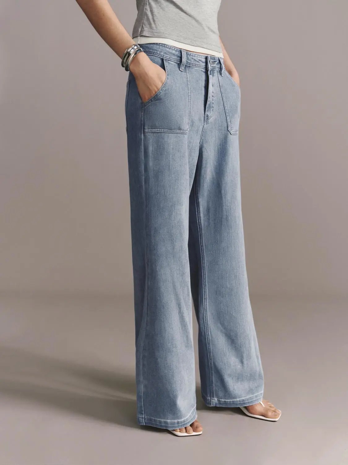 High Waist Patch Pocket Washed Denim Wide Leg Jeans