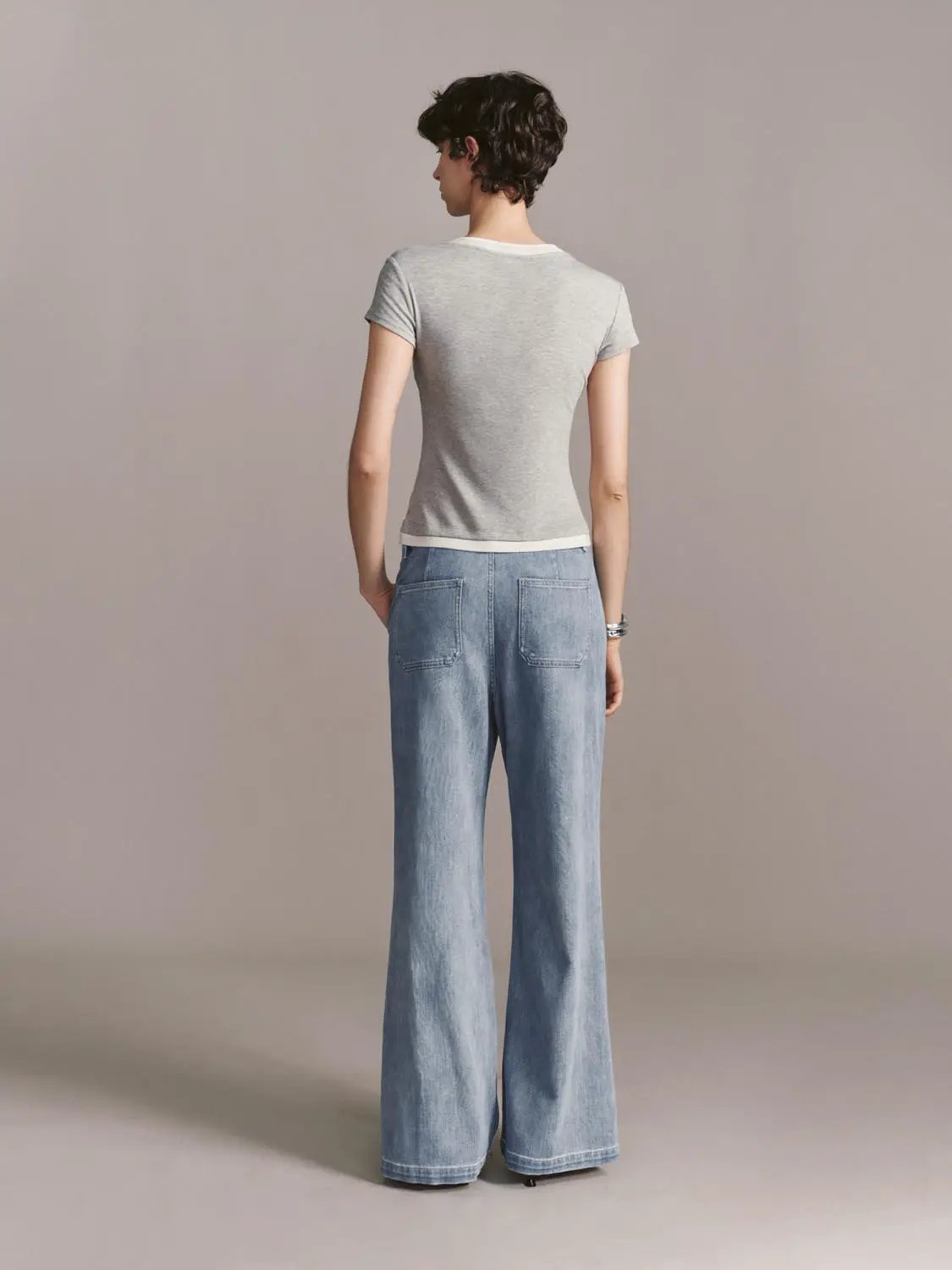 High Waist Patch Pocket Washed Denim Wide Leg Jeans