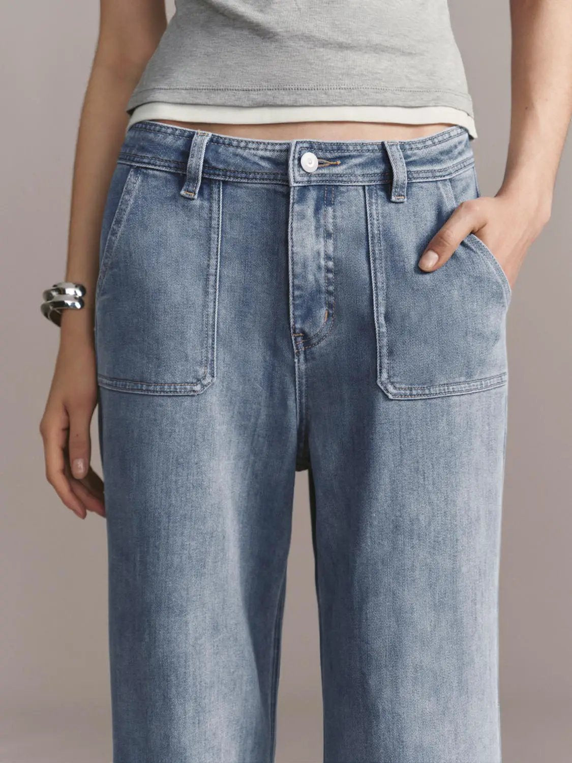 High Waist Patch Pocket Washed Denim Wide Leg Jeans