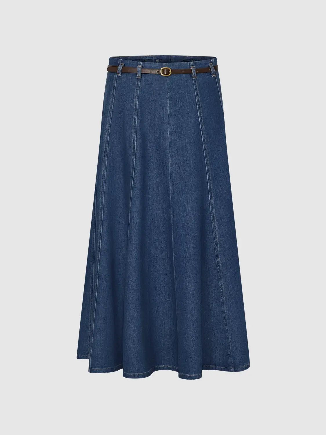 Paneled A-Line Denim Maxi Belted Stretch Skirt