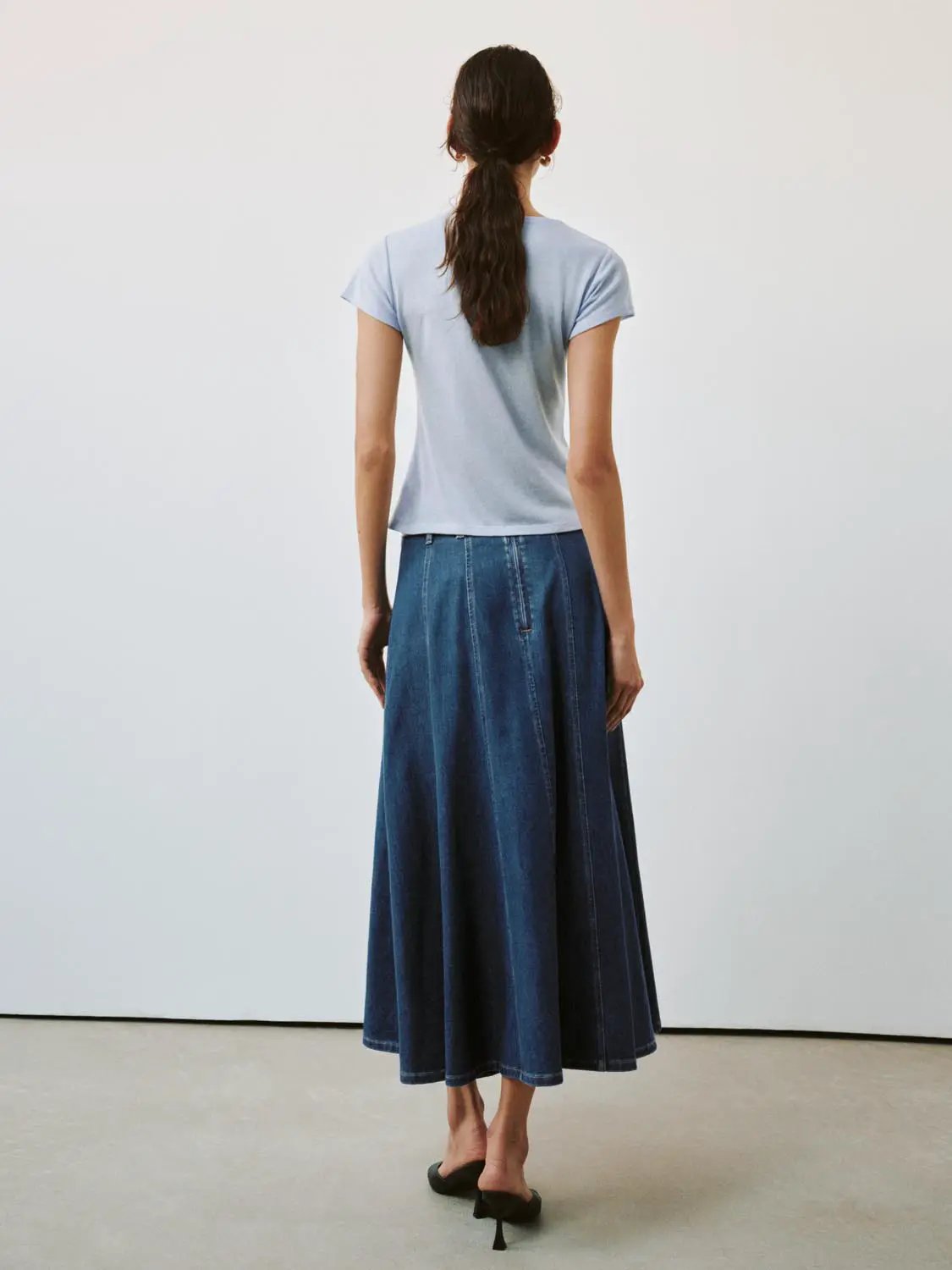 Paneled A-Line Denim Maxi Belted Stretch Skirt