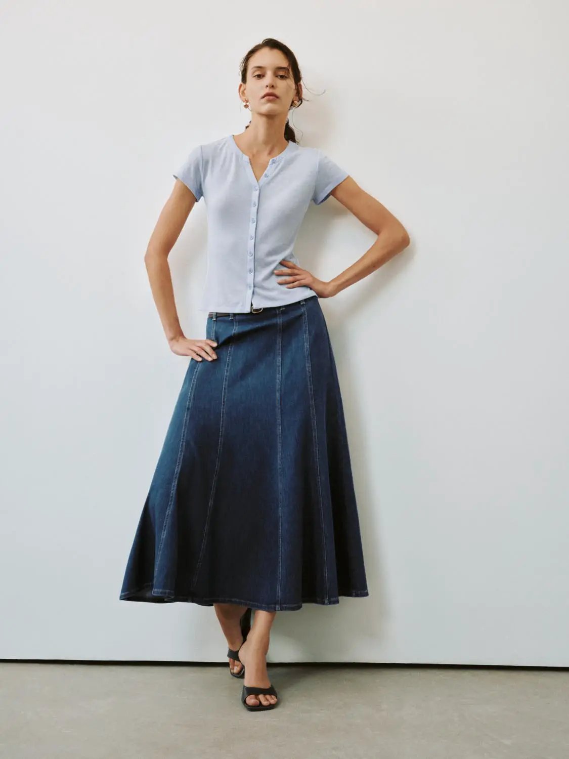 Paneled A-Line Denim Maxi Belted Stretch Skirt