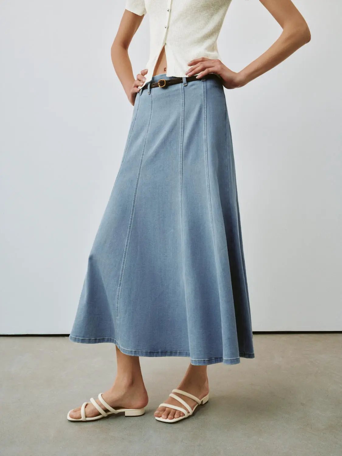 High Waist Paneled Belted Washed Denim A-Line Midi Skirt