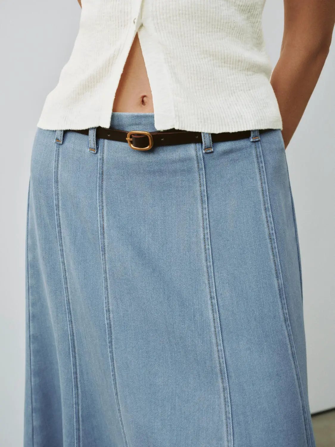 High Waist Paneled Belted Washed Denim A-Line Midi Skirt