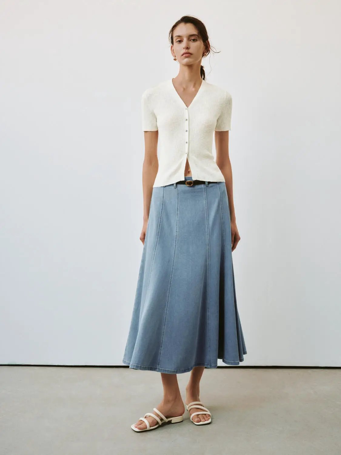 High Waist Paneled Belted Washed Denim A-Line Midi Skirt