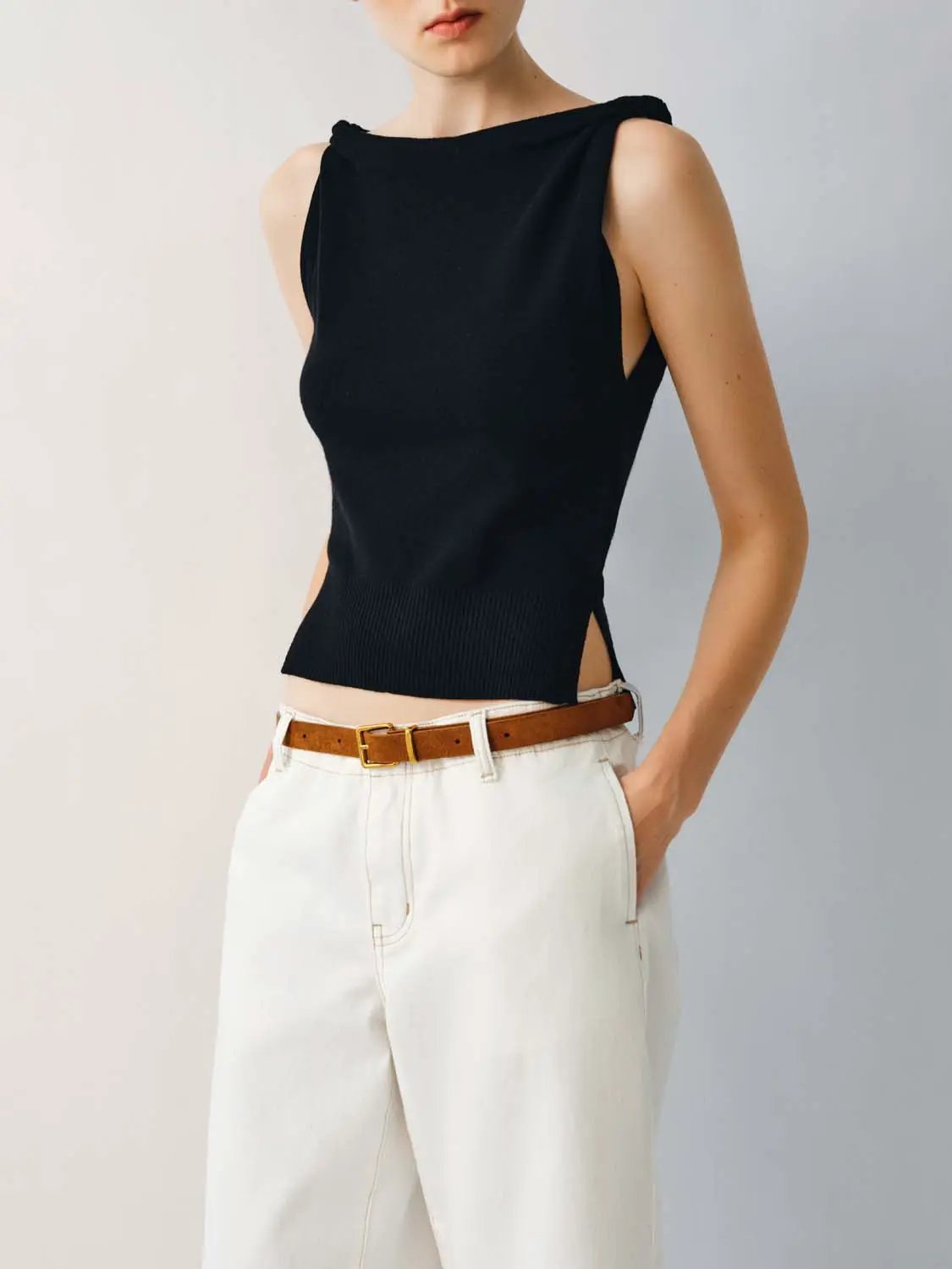 Decorative Belt Seam Details Cotton Jeans