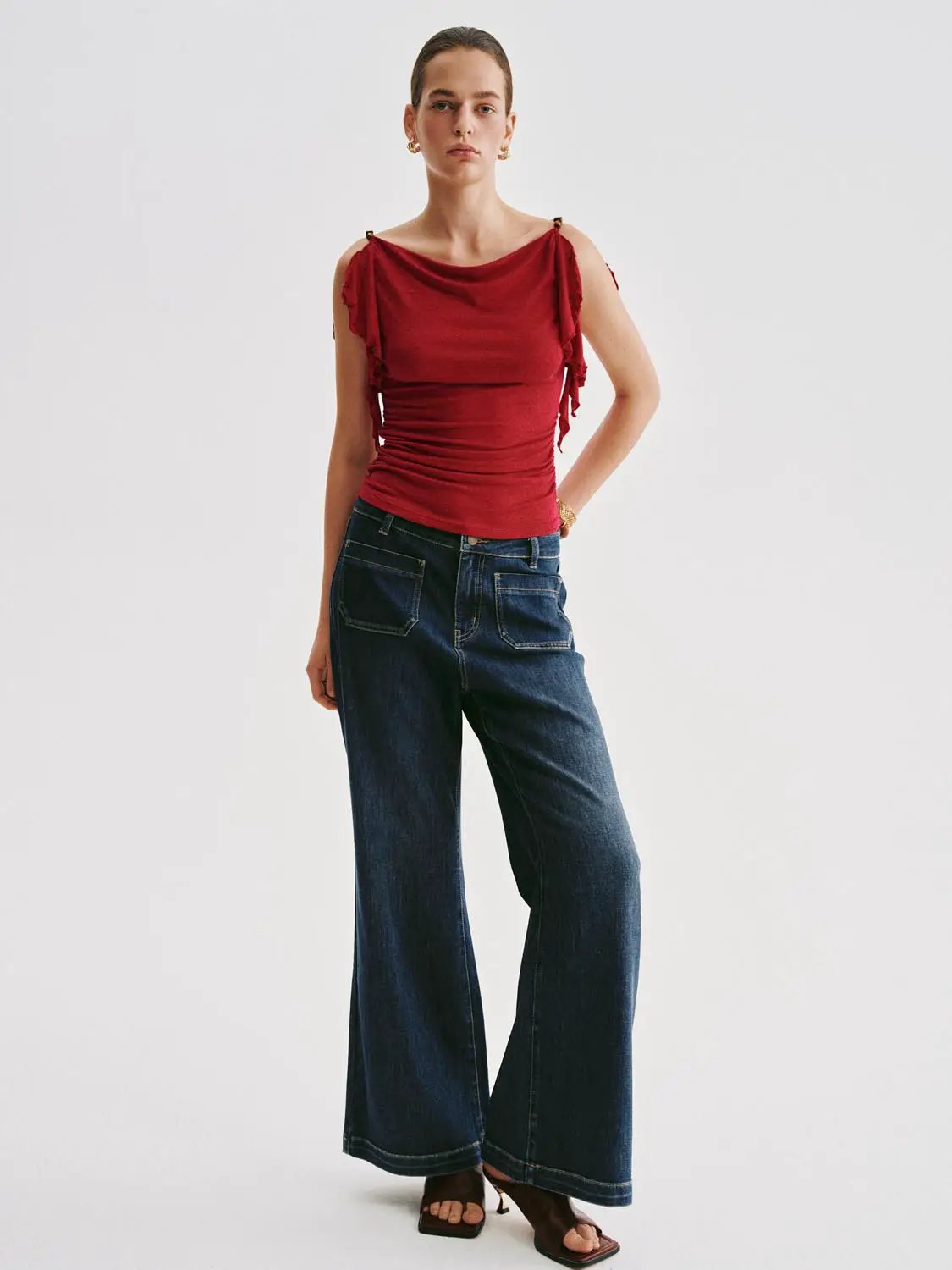 High-waisted Patch Pockets Wide-leg Jeans