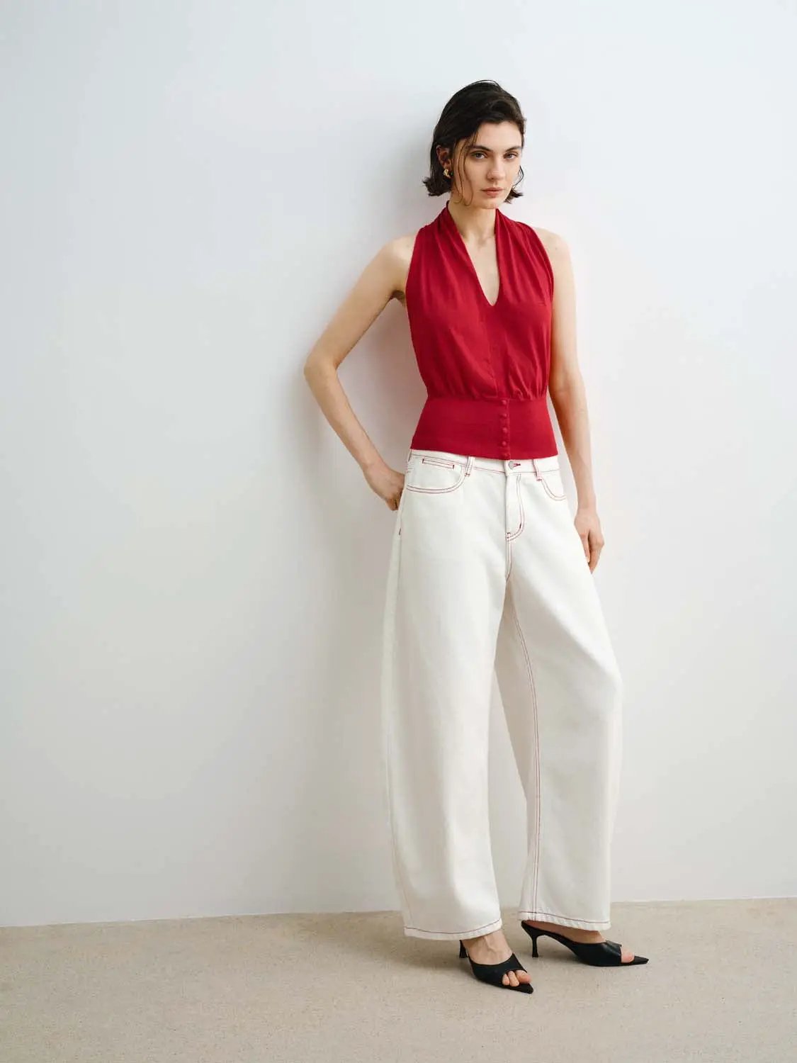 Contrast Stitch Loose Barrel Leg Denim Jeans